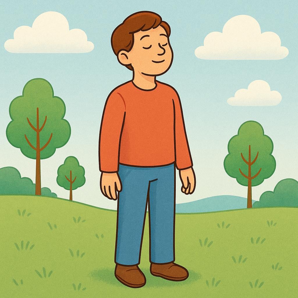 A simplified illustration of a figure standing outside, inhaling deeply, showing the act of breathing.