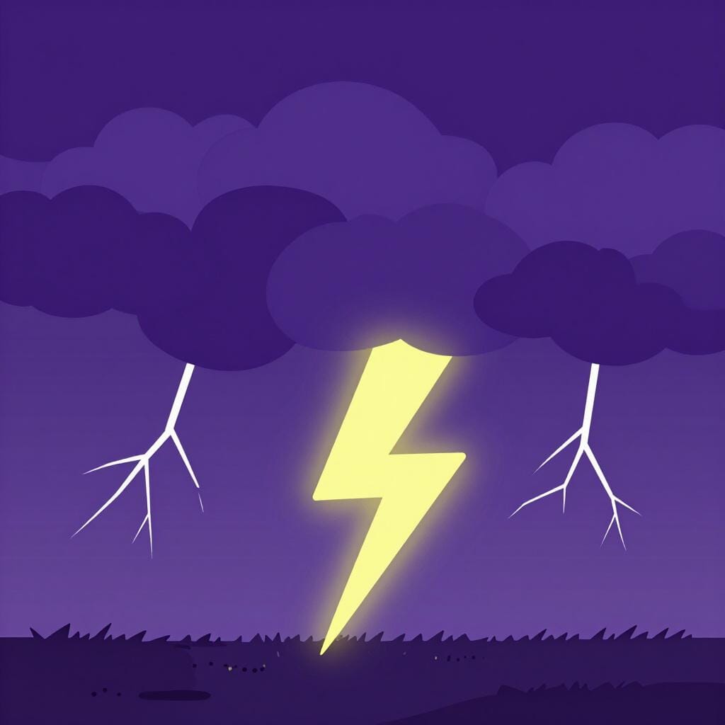 A powerful storm with dark clouds and bright lightning striking the ground.