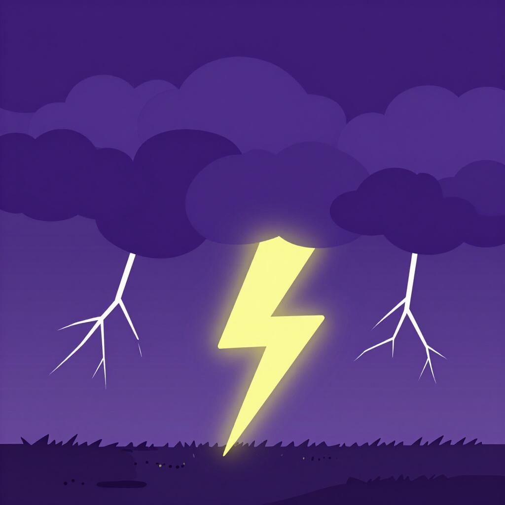 A powerful storm with dark clouds and bright lightning striking the ground.