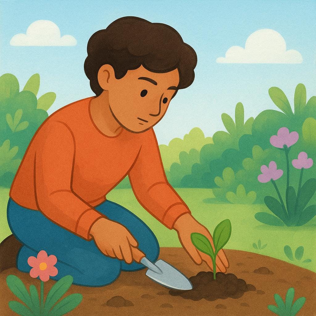 Een persoon die knielt in een lichte, zonnige tuin, aandachtig bezig met het zorgvuldig verzorgen van een klein, levendig groen zaailing met een klein schepje, wat het zorgen voor een taak symboliseert.