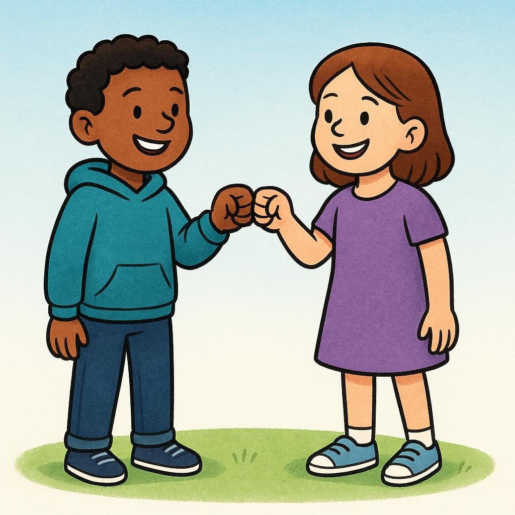 Two friends standing casually side-by-side, bumping fists and smiling.