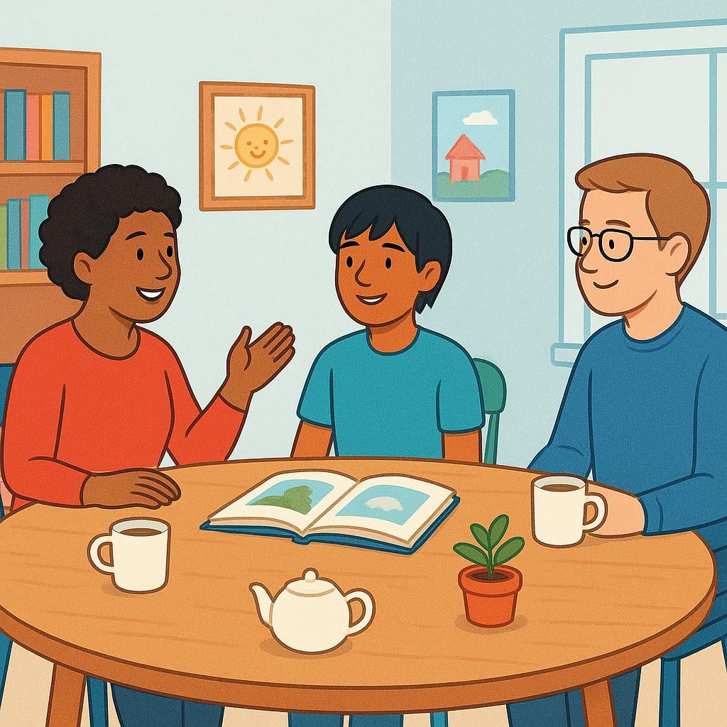 Three diverse people sitting around a large, round conference table, focused on a central point, illustrating a formal meeting.