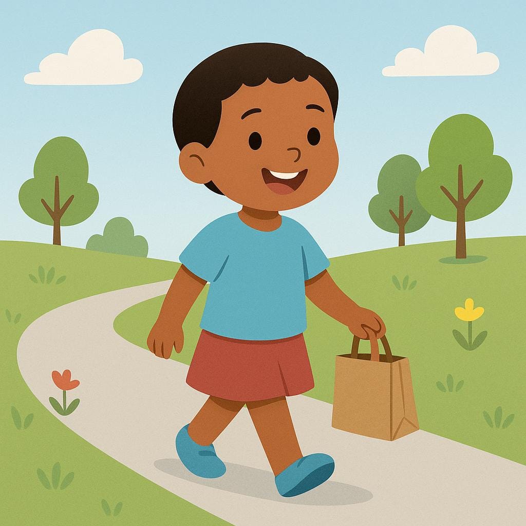 A small child dressed in bright clothes walking and carrying a brown paper bag filled with groceries, representing a simple task or errand.