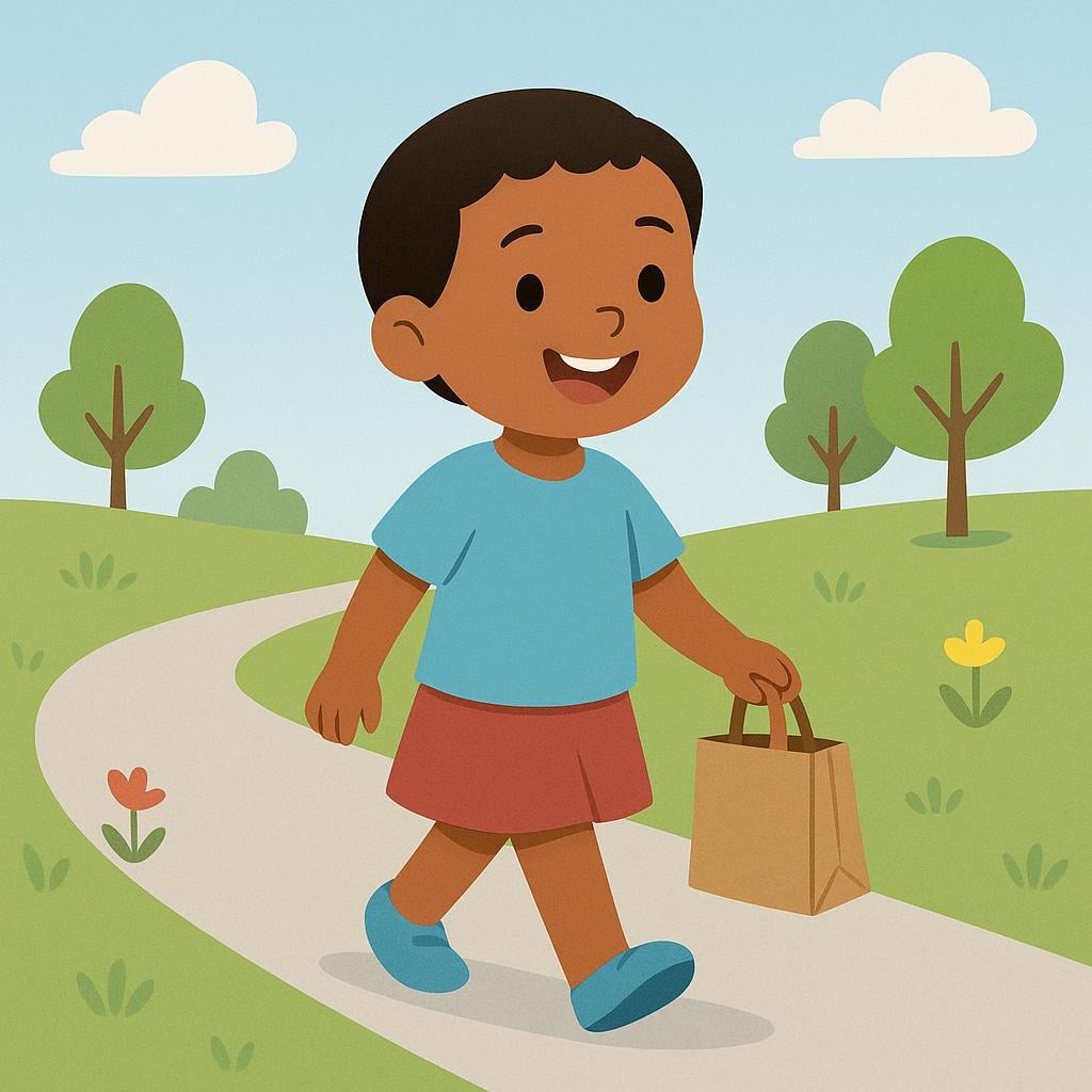 A small child dressed in bright clothes walking and carrying a brown paper bag filled with groceries, representing a simple task or errand.