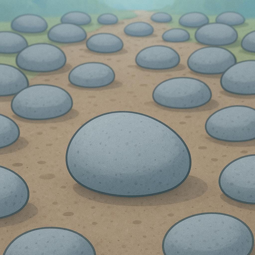 A plain, unremarkable gray pebble lying on a dirt ground surrounded by many identical common pebbles.