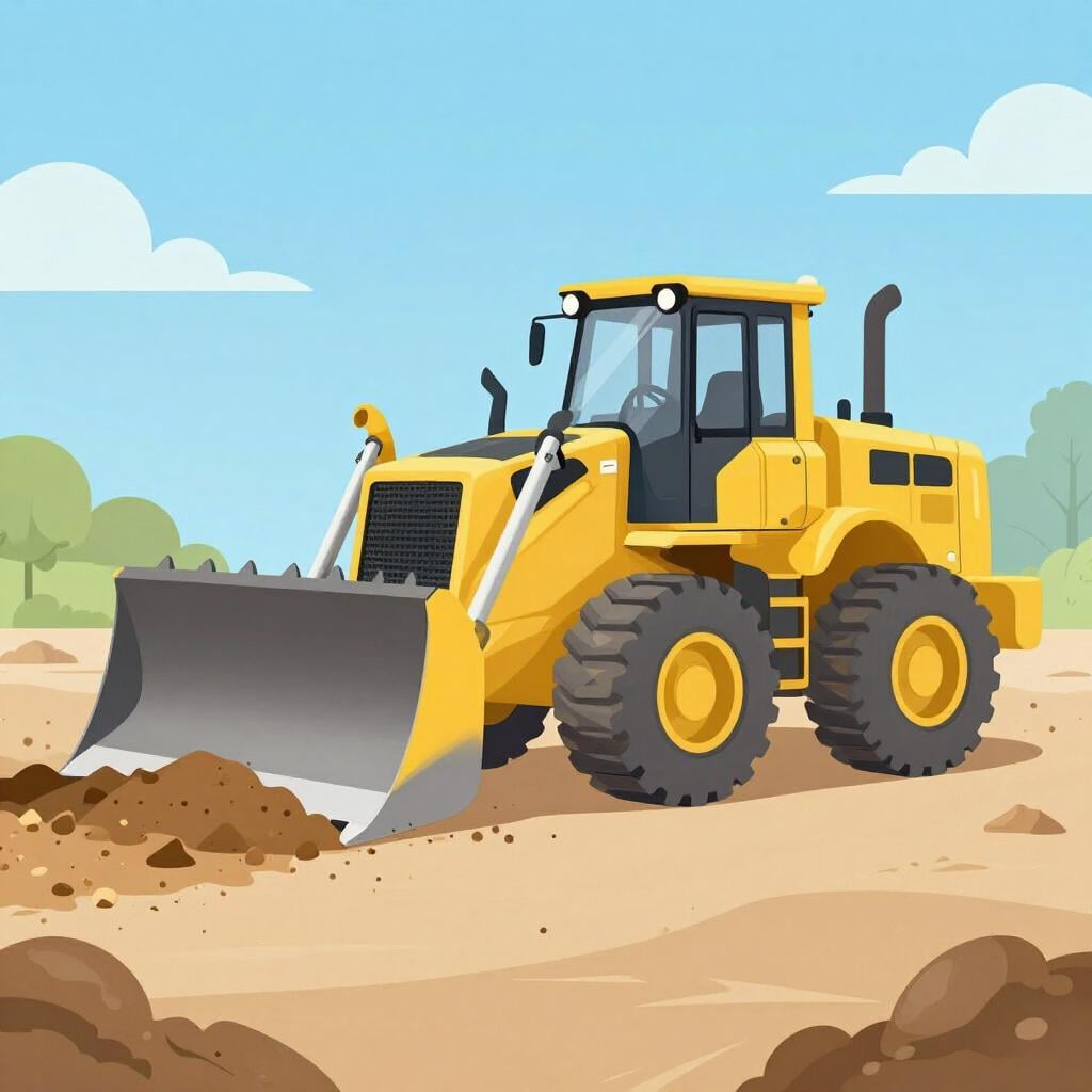 A construction bulldozer leveling a pile of dirt and rubble into a flat, smooth ground.
