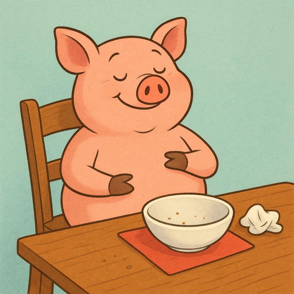A colorful illustration of a cheerful, round cartoon pig sitting next to an empty plate, rubbing its very full stomach with a satisfied expression.