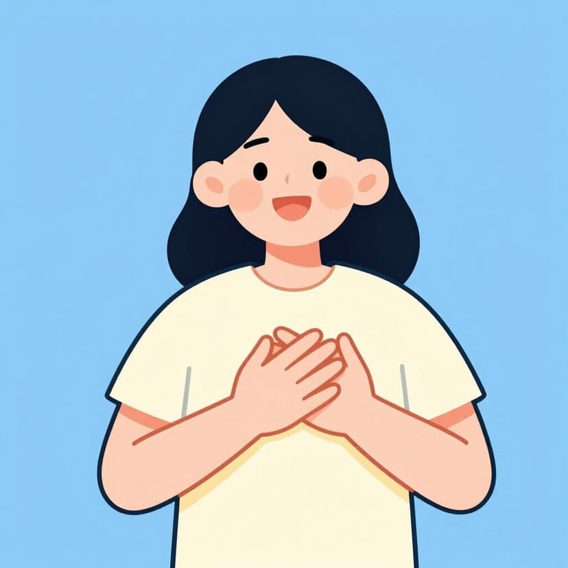 A person with a joyful expression holding their hands over their heart to show their feelings.
