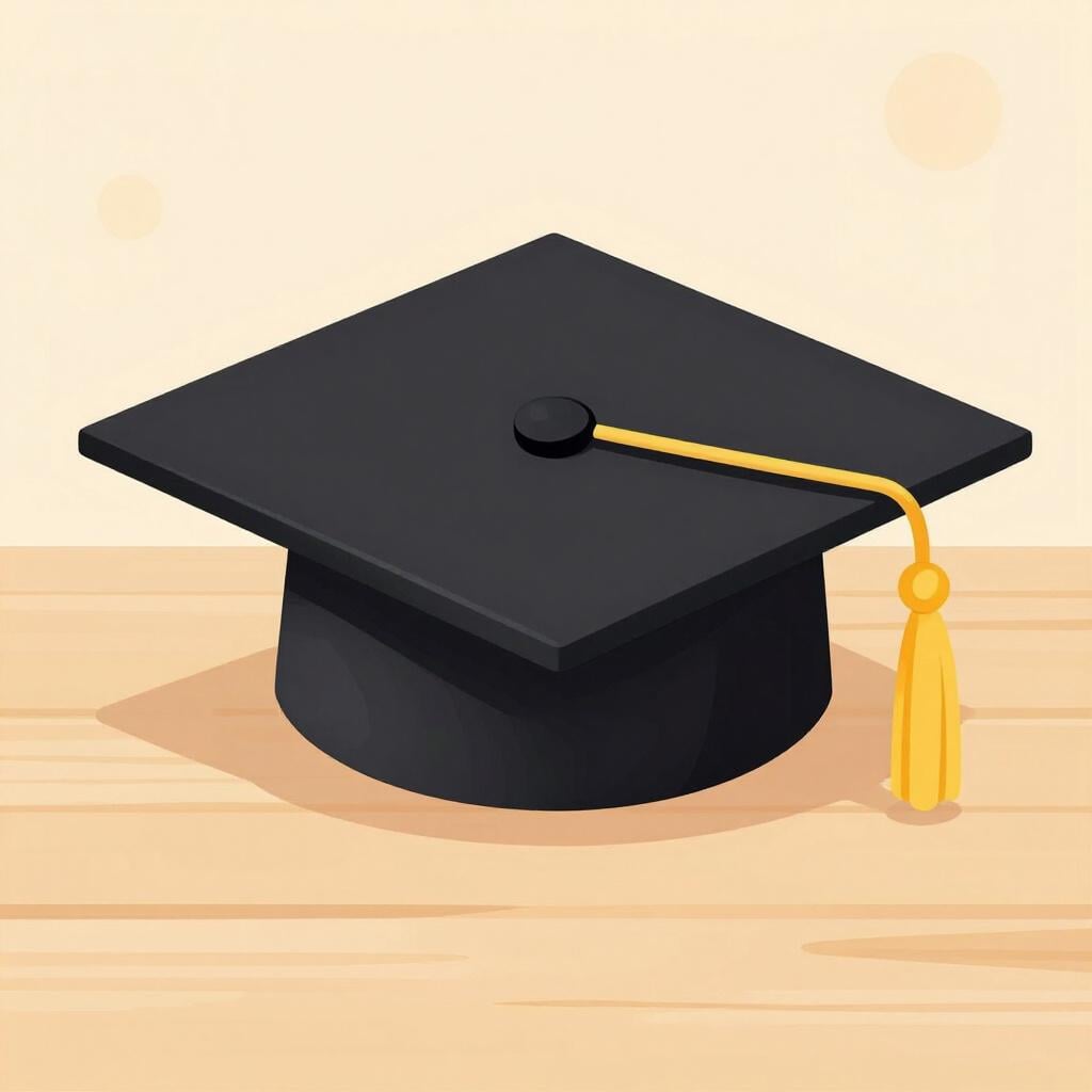 A square black academic cap with a golden tassel sitting on a wooden table.