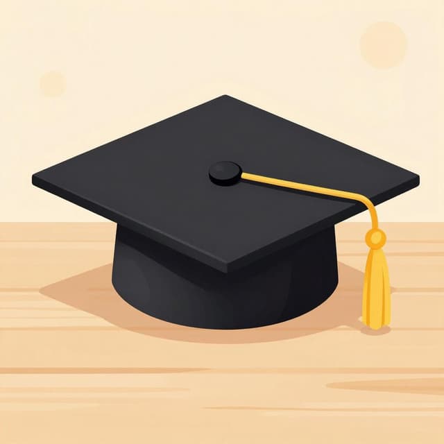 Une casquette académique noire carrée avec un gland doré posée sur une table en bois.
