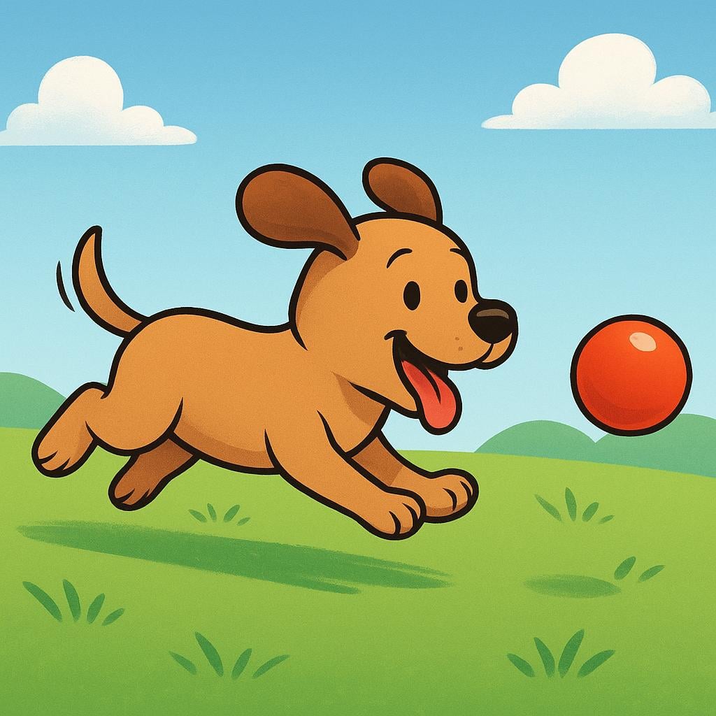 A playful brown dog running rapidly across a green field, chasing a bright red ball.
