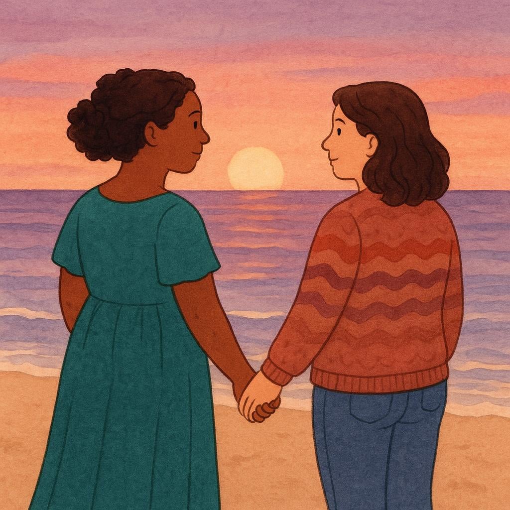 Two adult women standing close together, holding hands, looking out over a calm ocean during sunset, symbolizing a life partnership.