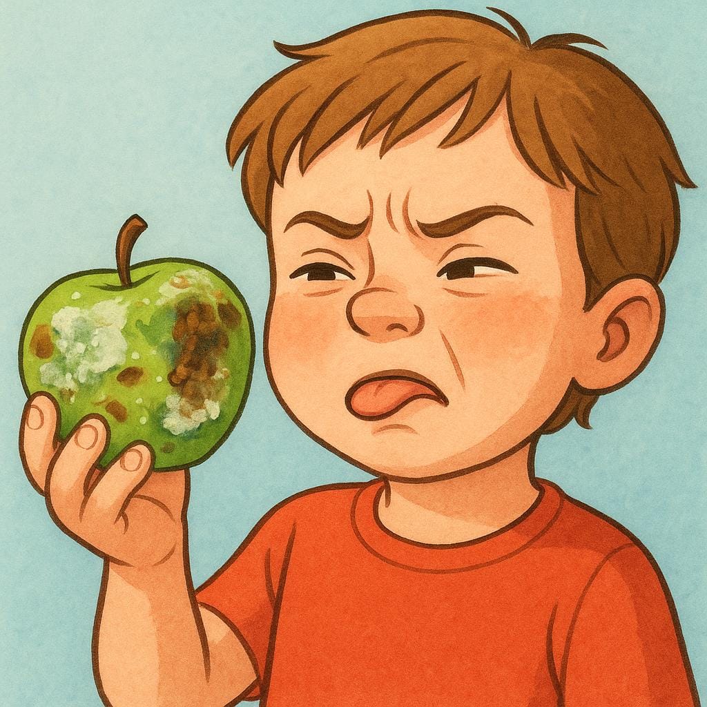 A child grimaces in disgust while holding a rotten, green apple covered in mold and emitting a foul odor.