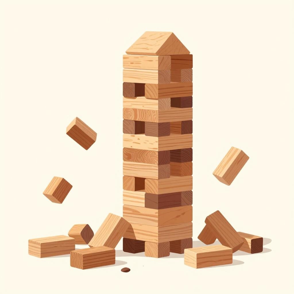 A child's tall tower made of colorful toy blocks being knocked over and falling apart.