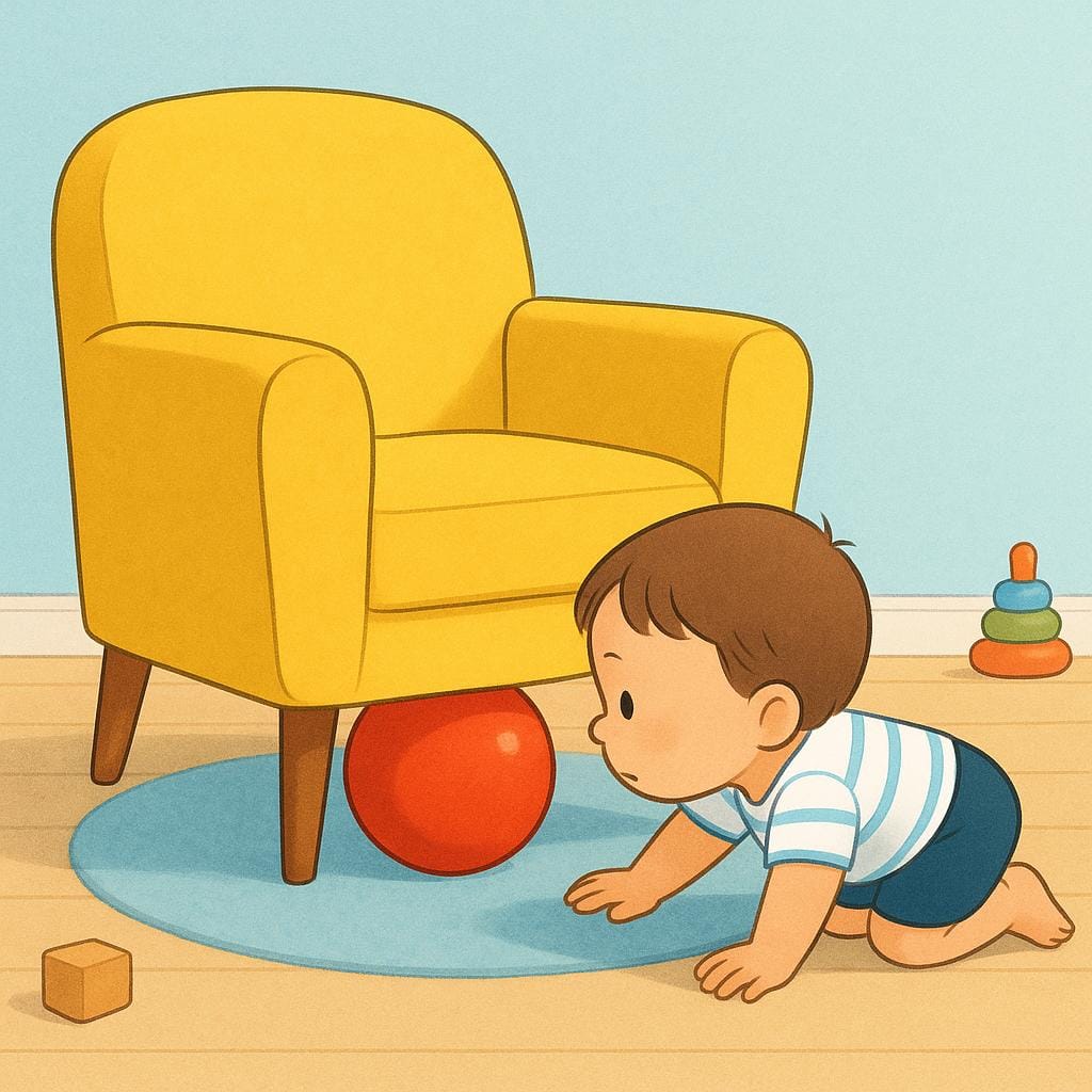 Une illustration simple de livre d'histoires d'un petit enfant à quatre pattes regardant attentivement sous un fauteuil jaune vif, cherchant activement une grande balle rouge partiellement visible.