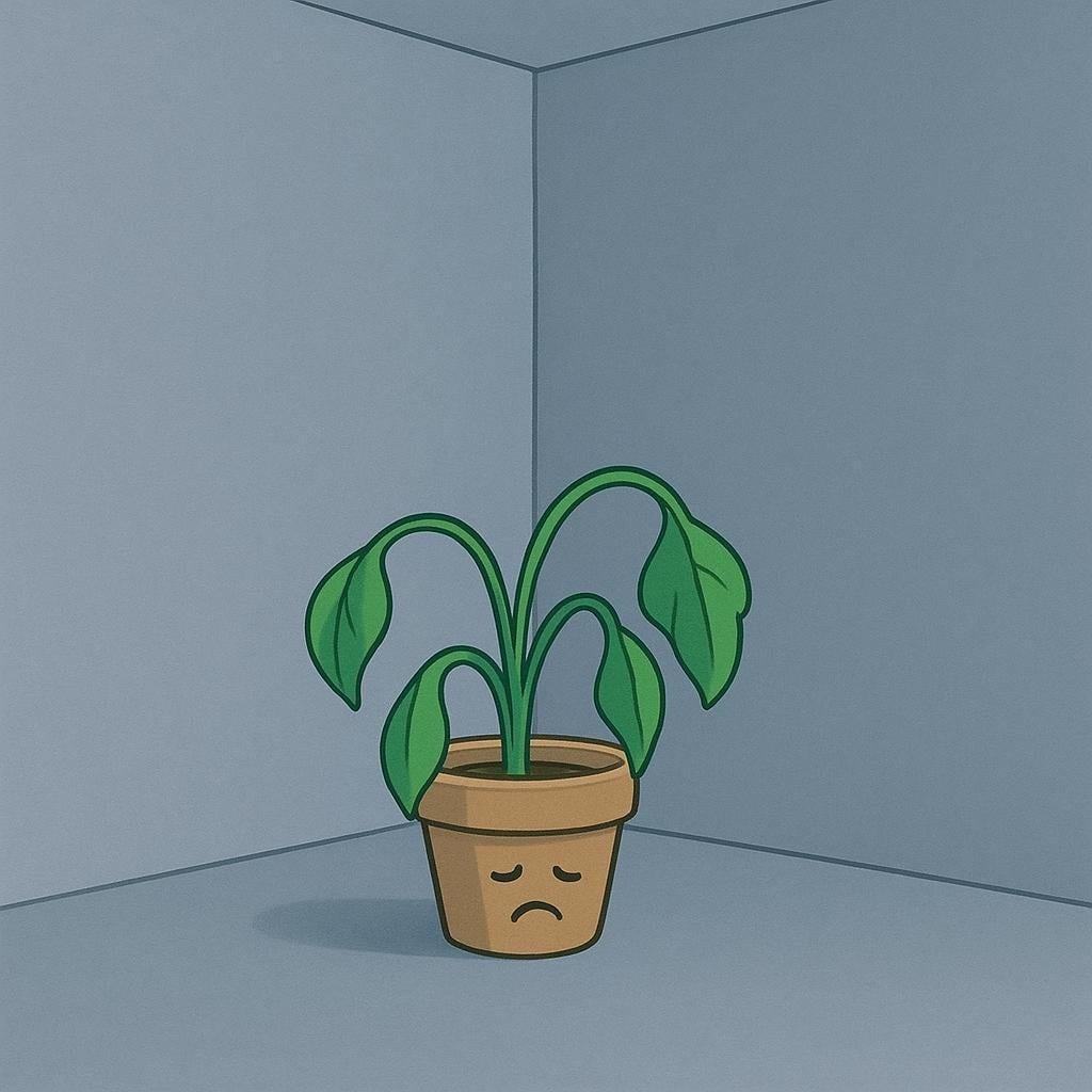 A visualization of dullness: a simple room painted completely in a flat, monotone gray color, containing only one small, sad, drooping green houseplant in a corner.