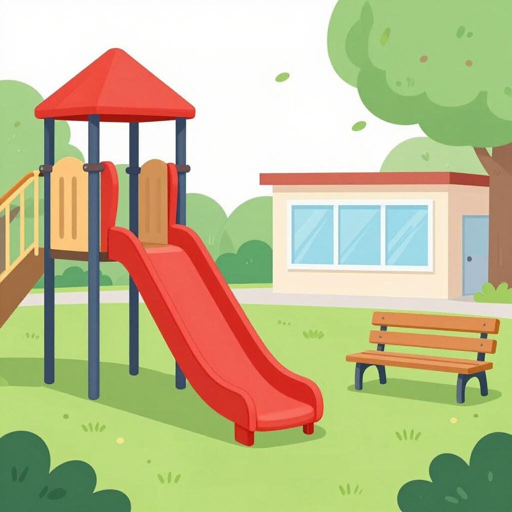 A colorful public park with a playground, a bench, and a small community library building.