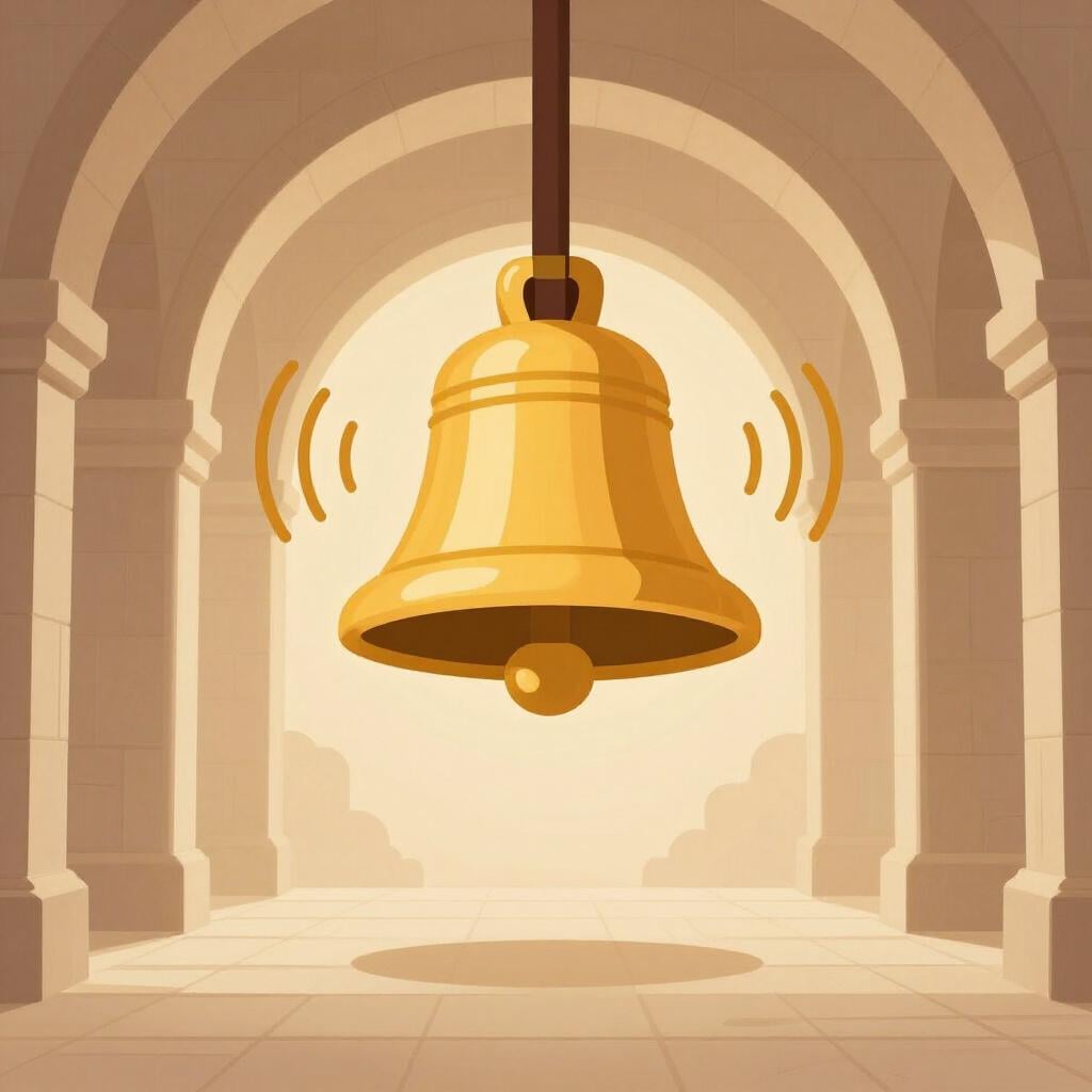 Een grote koperen bel die zwiert in de enorme, lege stenen hal van een kathedraal.