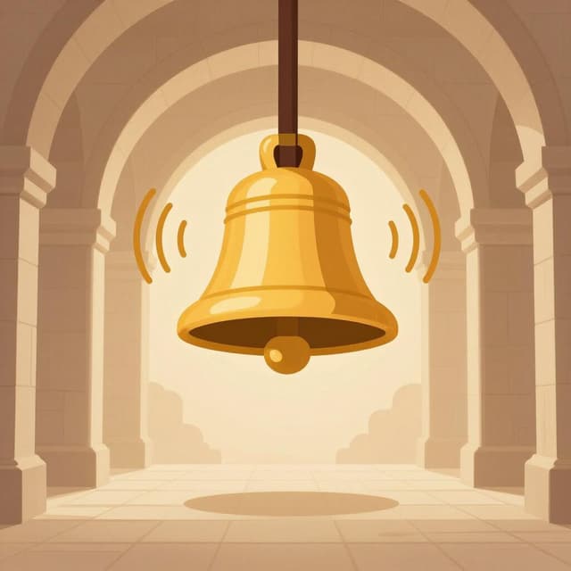 A large brass bell swinging inside a vast, empty stone cathedral hall.