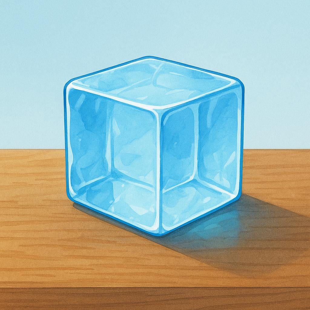 A solid, glowing ice cube sitting on a flat surface.