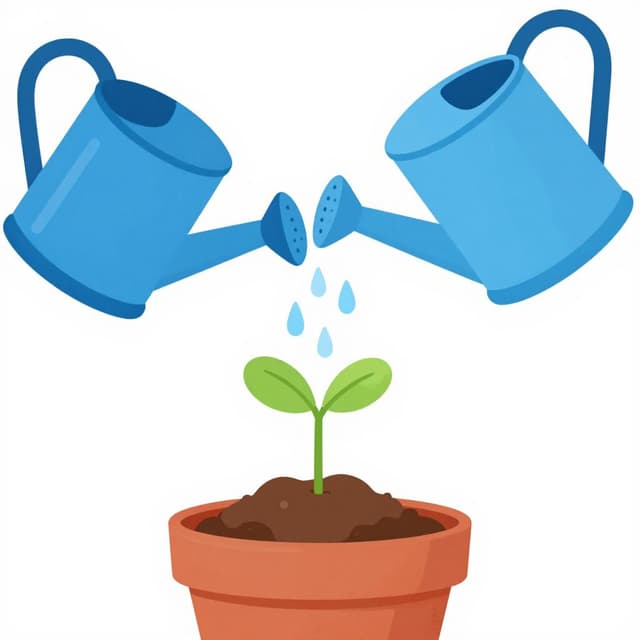 A blue watering can pouring water onto a small green plant in a pot.