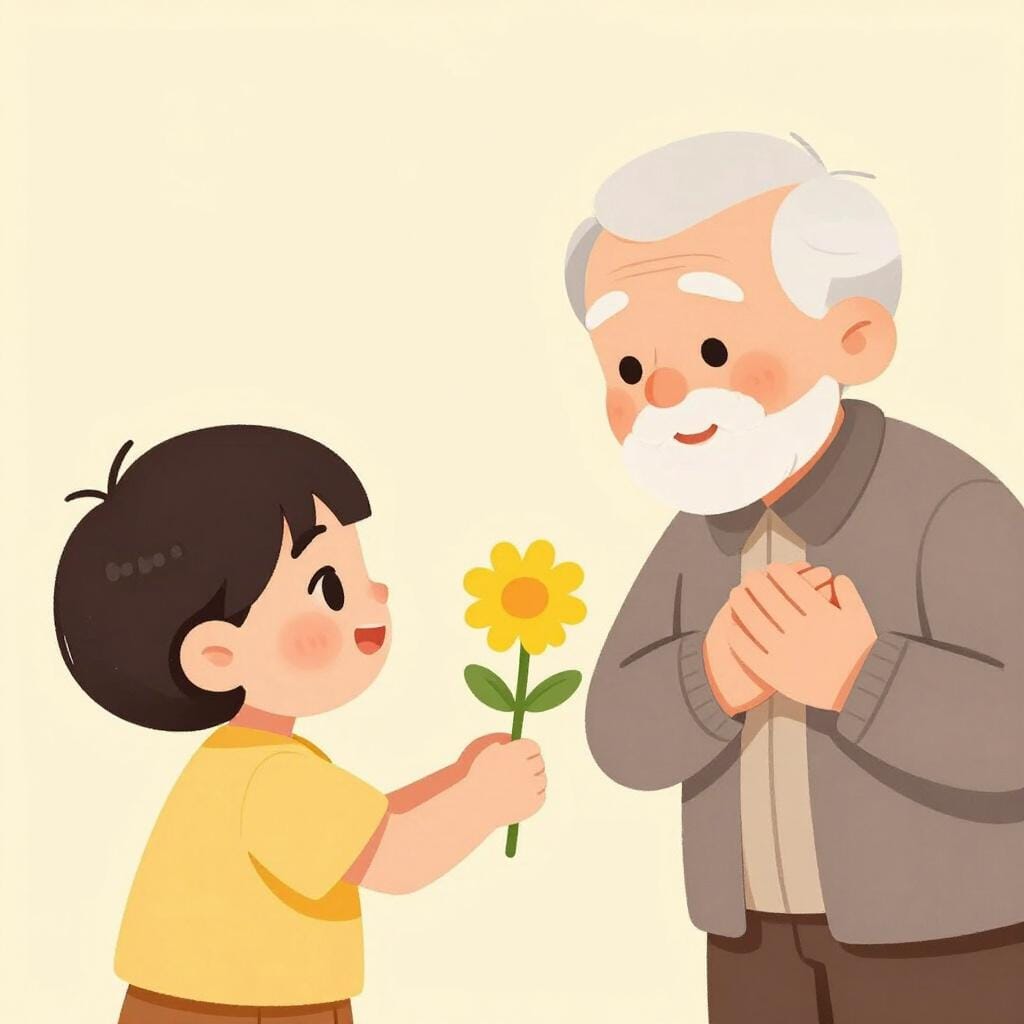 Un enfant offrant une fleur unique à une personne âgée qui sourit, la main sur le cœur.