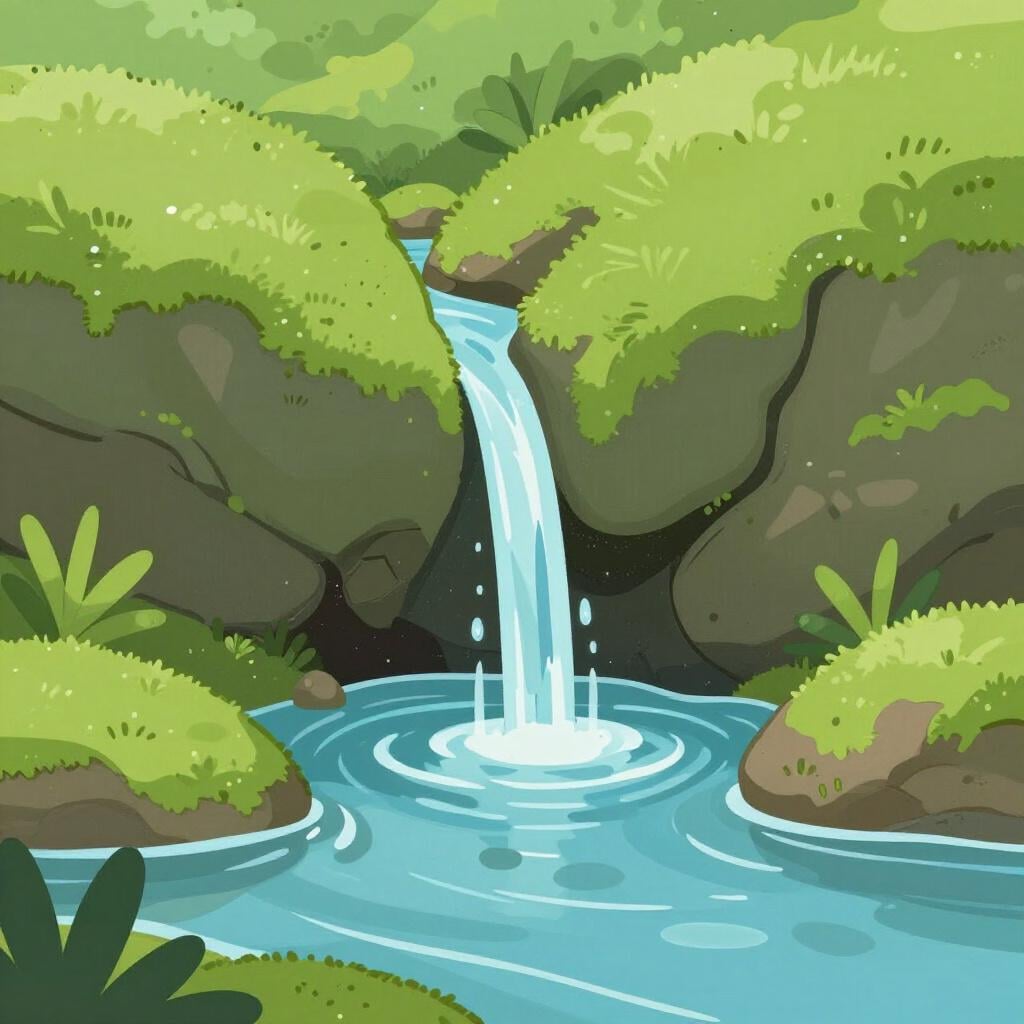 A small stream of clear water bubbling out from between large mossy rocks on a hillside.