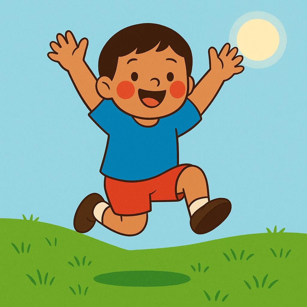 A joyful, energetic child with bright cheeks happily jumping high in the air above green grass under a bright sun, symbolizing excellent health.