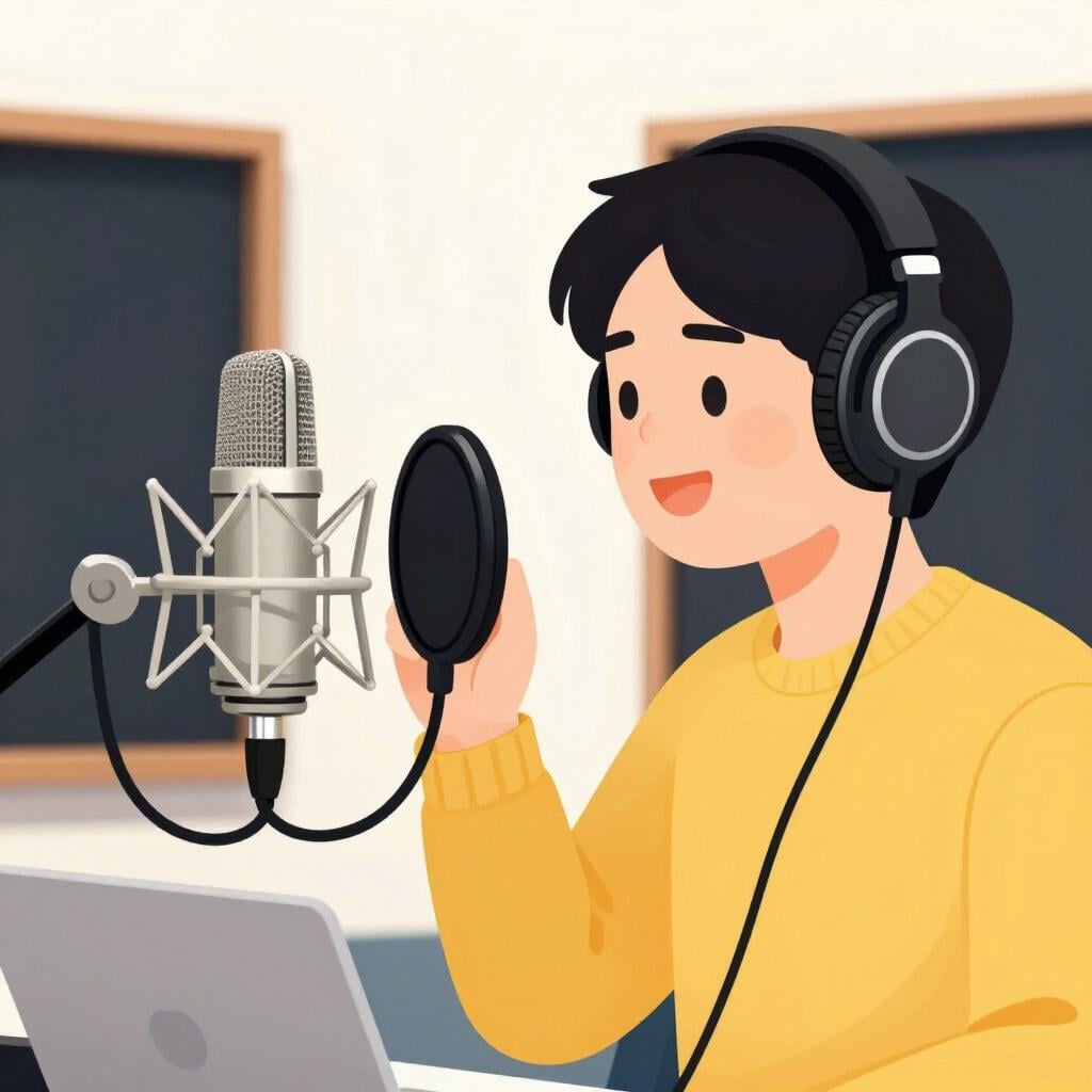 A person wearing headphones speaking into a large studio microphone.