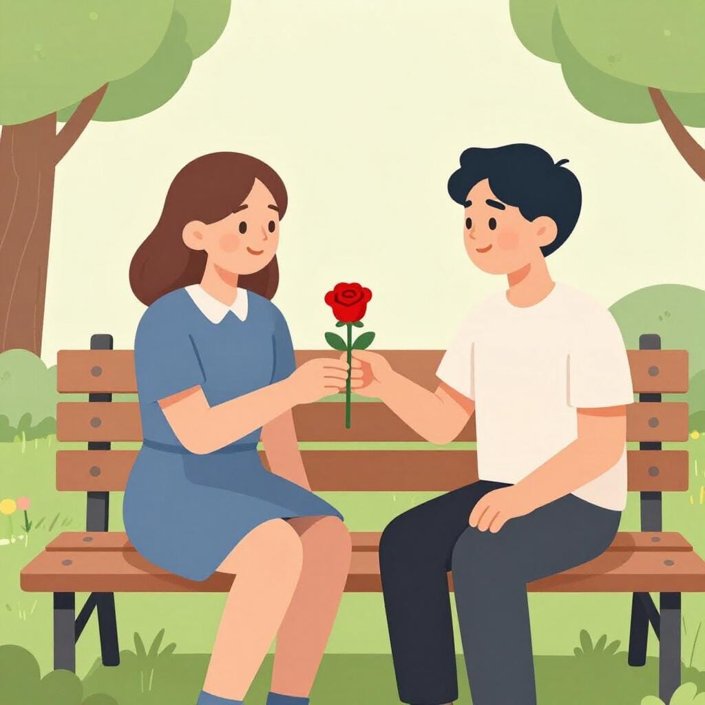 Eine Person lächelt herzlich und überreicht eine einzelne rote Rose an eine andere Person auf einer Parkbank.