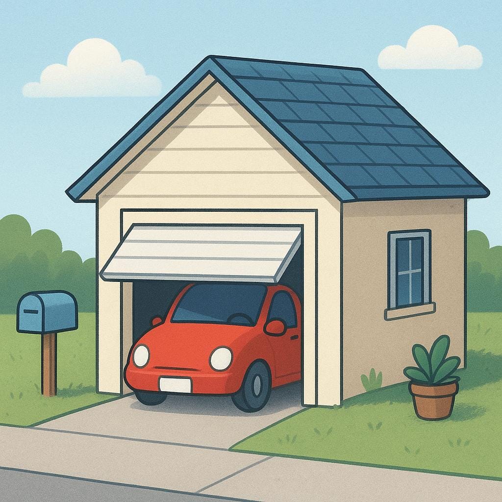 A simple colorful illustration showing a red car parked inside a typical residential garage structure with the overhead door partially open.