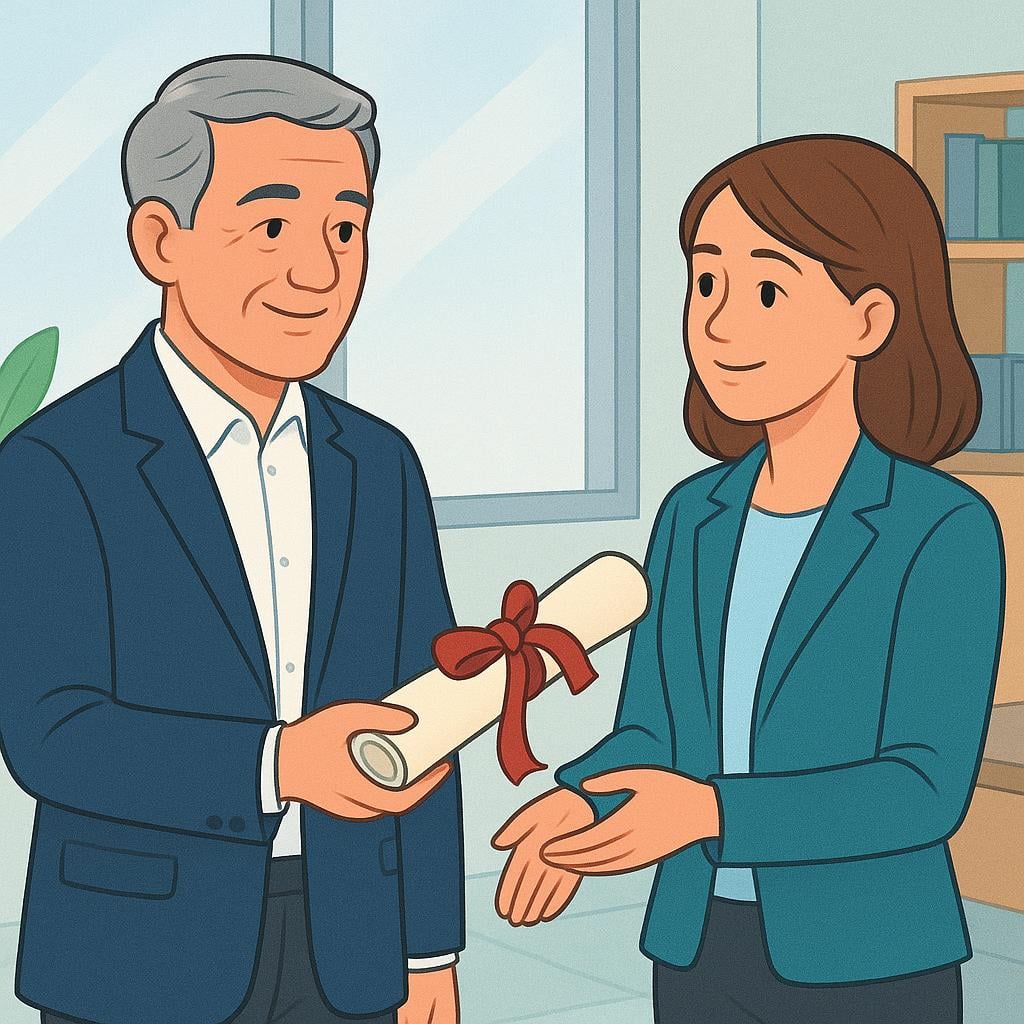 A distinguished mentor figure confidently handing a tightly rolled parchment scroll, symbolizing a recommendation letter, to a younger, professional figure.