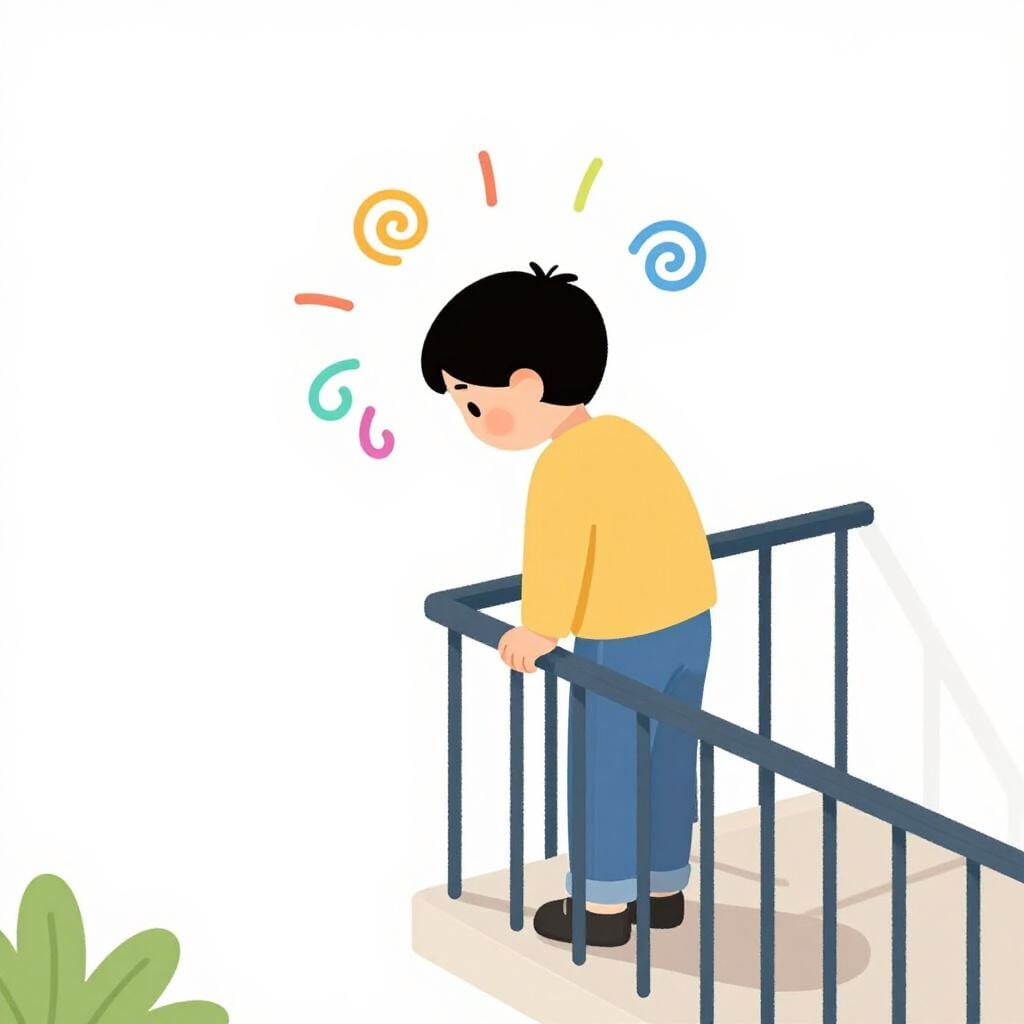 A person standing on a high balcony looking down with colorful spiral lines around their head.