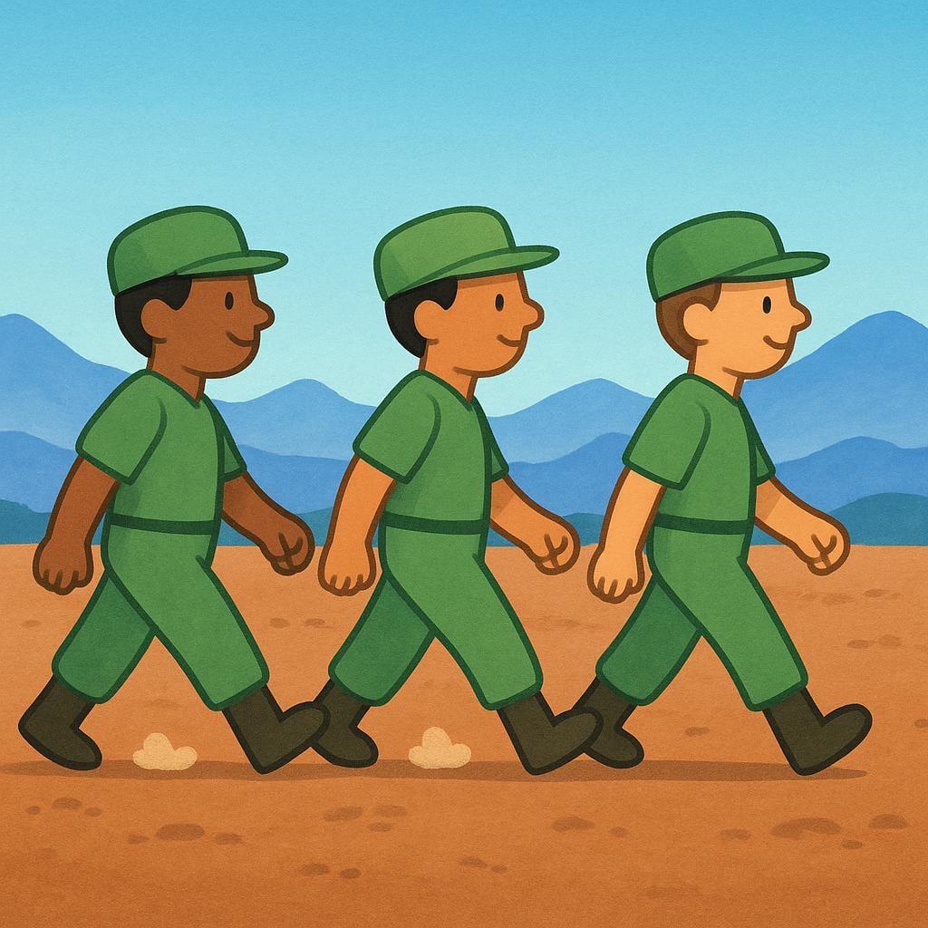 Three stylized, marching figures wearing simple green uniforms walking across a brown, dusty field toward a distant mountain range.
