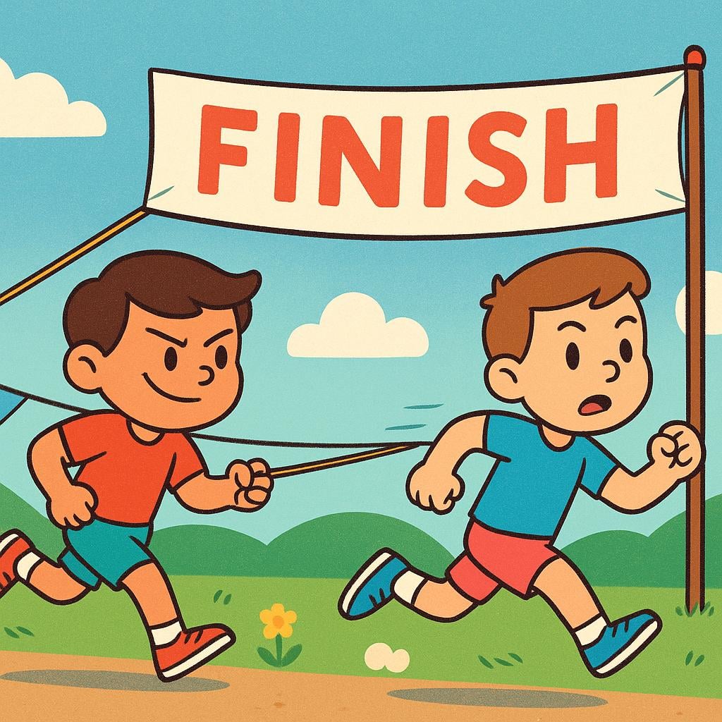 Two cartoon characters are participating in a stylized running race. One character is subtly pulling a rope hidden behind their back, which is attached to the finish line banner, manipulating the outcome.