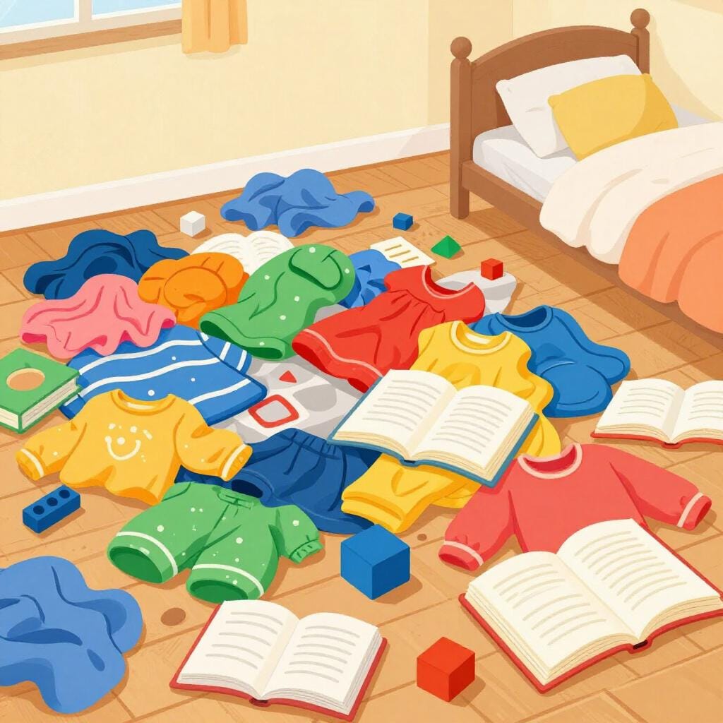 A messy room with clothes, toys, and books scattered everywhere in total disarray.