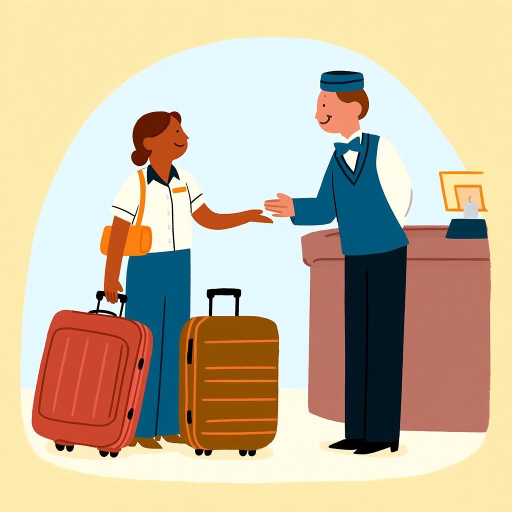 A person making a polite request to a hotel employee for help with two large, heavy suitcases.