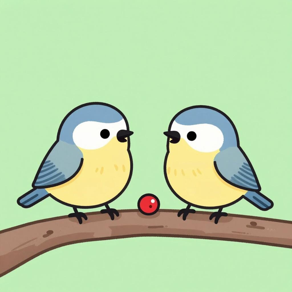 Two small birds perched on a branch, facing each other with open beaks as if having a tiny disagreement.