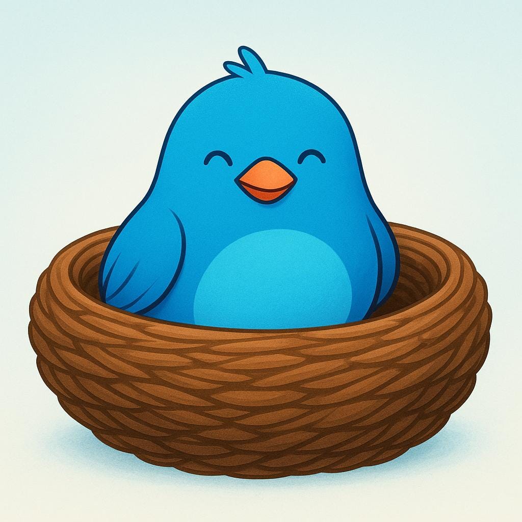 A small blue cartoon bird sitting squarely and comfortably inside a large, round woven brown nest, clearly occupying the entire space.