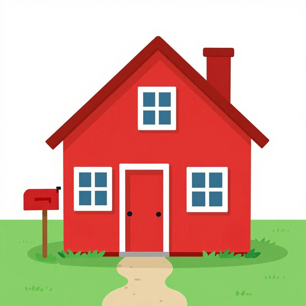 Uma pequena casa vermelha com uma cerca branca e uma caixa de correio na frente.