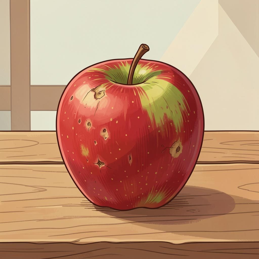 A detailed drawing of a simple piece of fruit showing every bruise and texture.