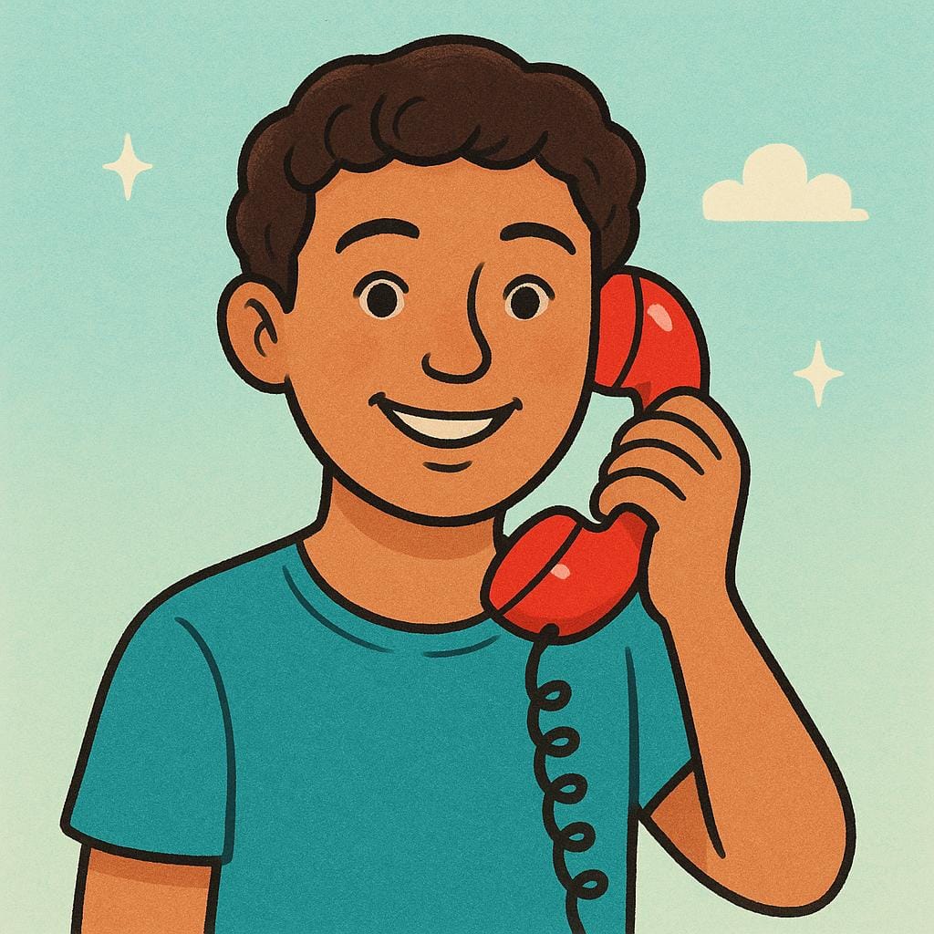 A friendly cartoon character holding a simple red telephone receiver up to their ear, engaged in a conversation.