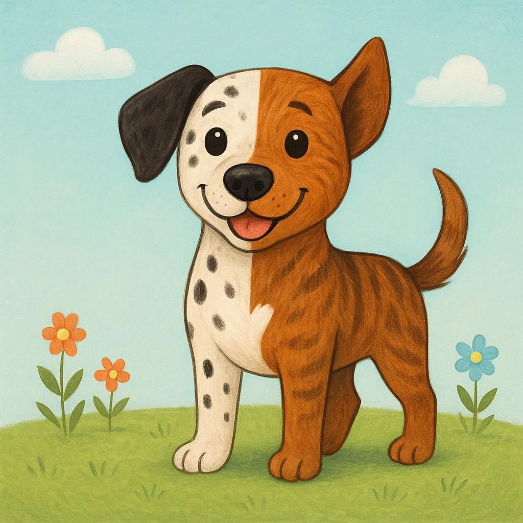 A unique dog standing, clearly showing physical features inherited from two different breeds, representing a crossbreed.