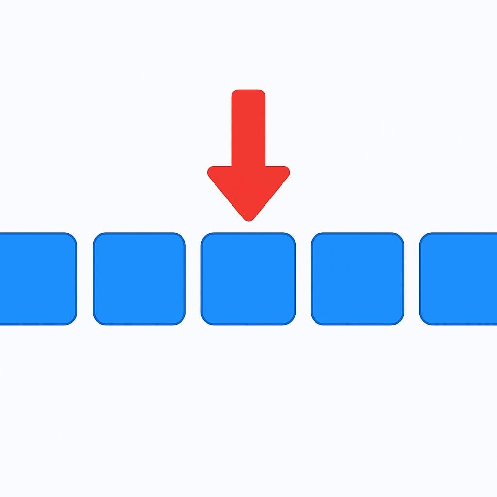 A simple storybook illustration featuring five identical blue squares arranged in a straight line. A thick, bright red arrow points directly and precisely at the center square, distinguishing it from the others.