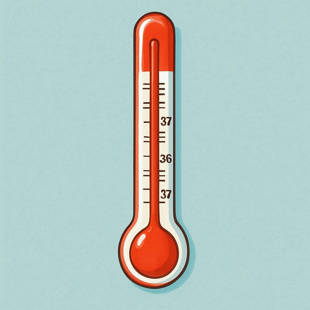 A simple red glass thermometer with a visible column of red mercury indicating a specific temperature reading.