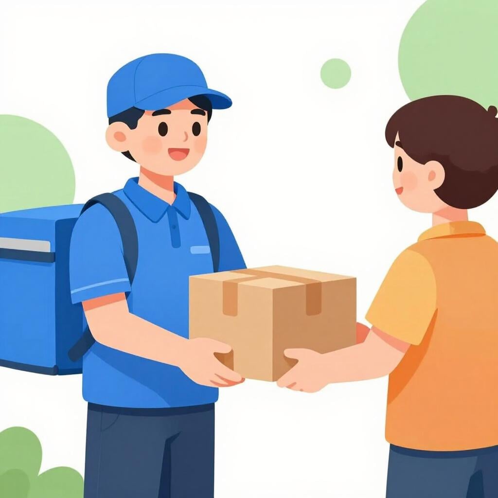 En person i en professionell uniform som överlämnar ett prydligt inslaget paket till en leende mottagare, vilket visar fullgörandet av en plikt.