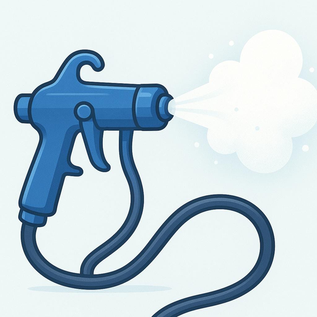 A tool used for painting, specifically a blue and silver spray gun connected to a hose.