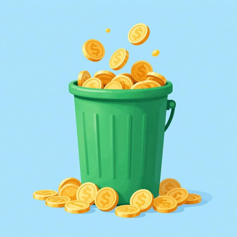 A colorful storybook illustration of a pile of gold coins falling into a trash can.
