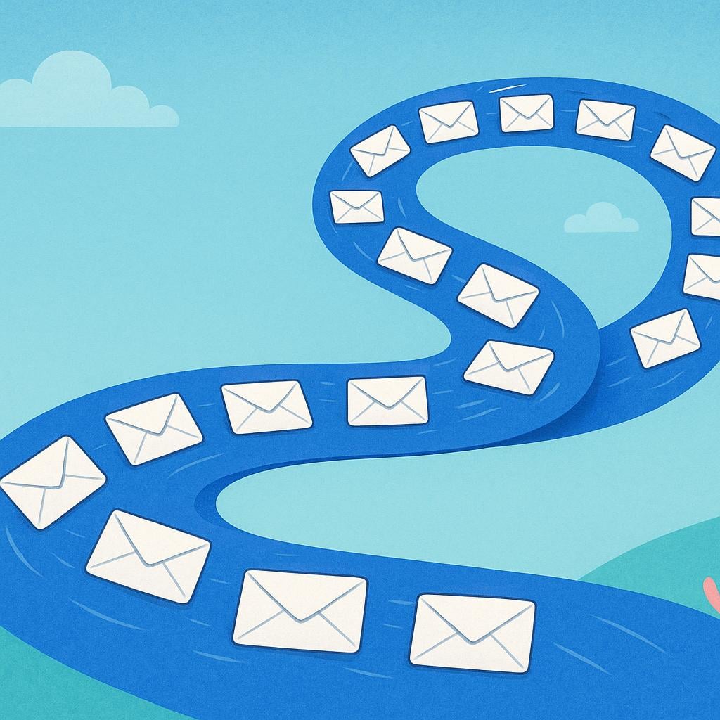 A clearly defined, wide, curving blue path representing a route, with small white envelopes flowing continuously along it from a starting point to an endpoint.