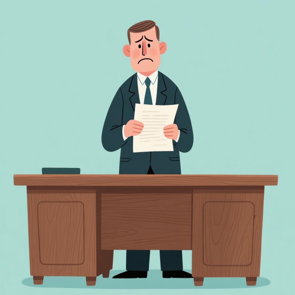 A person in professional attire standing behind a formal desk, holding a document, with a solemn expression, symbolizing the formal statement 'I regret to inform you.'